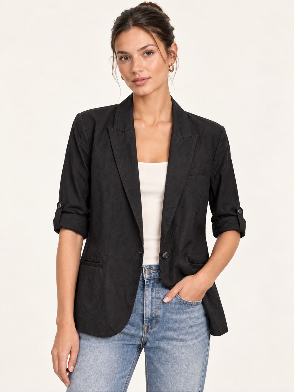 TWP 100% cotton Black Crinkle Cotton Roll-Tab Blazer
